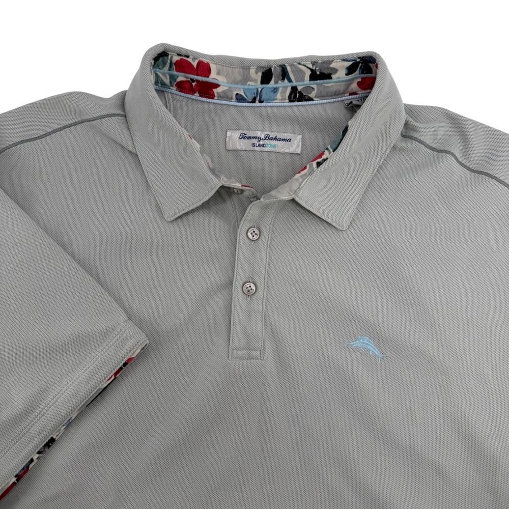 Tommy Bahama IslandZone Mens Gray Supima Cotton Blend Floral Trim Polo Shirt XL